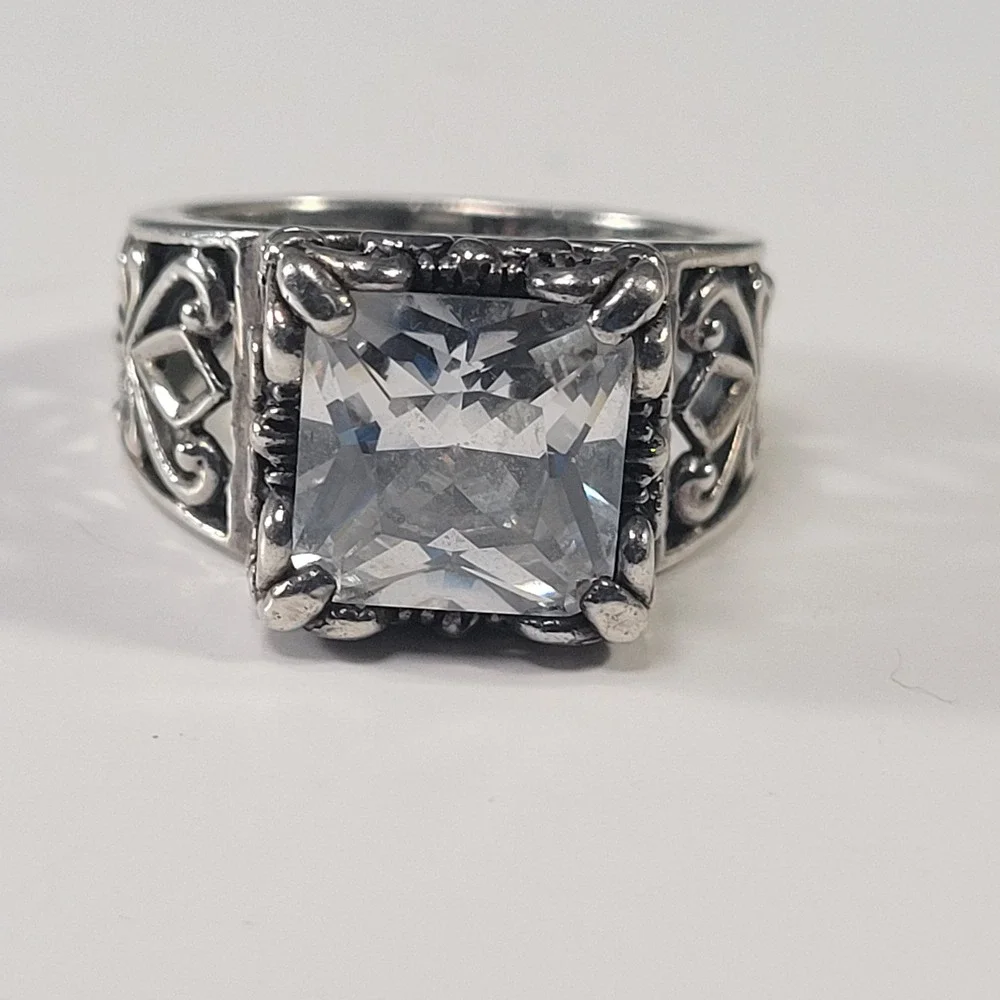 Sterling Silver Gothic Ring Size 7.75 Large Princess Cut Glass Statement‎ Ring